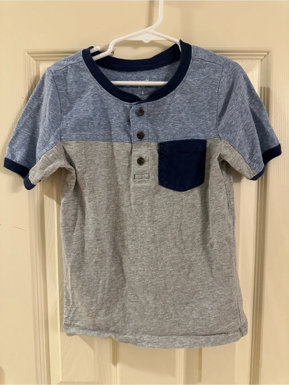 Carter's Short Sleeve Henley Tee in Light Blue & Gray with Navy Pocket